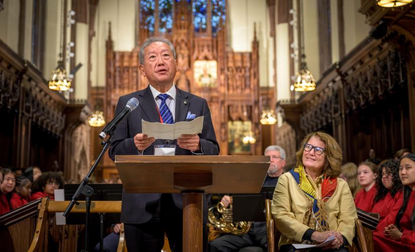 Seikei School Principal Naoto Senda speaking in Chapel