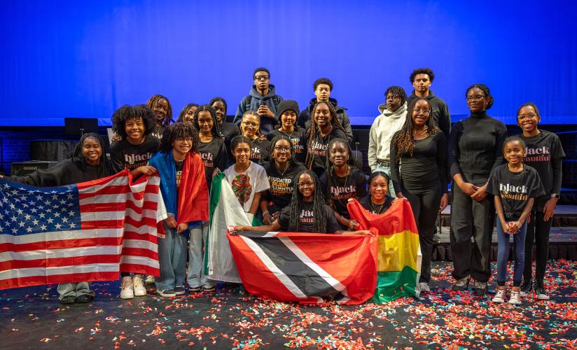 Onyx members pose for a group photo after the 5th Annual Black History Celebration in Memorial Hall at St. Paul's School in Concord, NH.