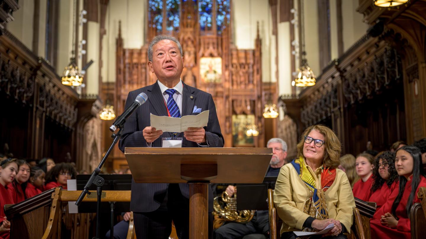 Seikei School Principal Naoto Senda speaking in Chapel